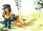  1girl arm_support blue_eyes blue_hat breasts chains cleavage commentary_request genderswap genderswap_(mtf) green_hair hat highres jojo_no_kimyou_na_bouken kotatsu_(g-rough) kuujou_joutarou large_breasts leaf long_sleeves looking_at_viewer no_bra off_shoulder parted_lips peaked_cap sitting sleeves_past_wrists solo stardust_crusaders wet wet_clothes wet_hair 