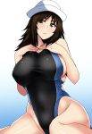  1girl bangs black_eyes black_hair black_swimsuit blue_background breasts closed_mouth competition_swimsuit frown girls_und_panzer gradient gradient_background hands_on_own_chest head_tilt highleg highleg_swimsuit highres koujun_(mugenzero) large_breasts long_hair looking_at_viewer murakami_(girls_und_panzer) one-piece_swimsuit sitting solo swimsuit wariza 