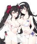  2girls ;d asymmetrical_docking bangs bare_arms bare_shoulders bikini black_hair blue_ribbon blunt_bangs breast_press breasts brown_eyes collarbone cowboy_shot eyebrows_visible_through_hair girls_frontline hair_ribbon hairband half-closed_eyes hand_on_another&#039;s_shoulder highres holding ia_(ias1010) large_breasts long_hair looking_at_viewer medium_breasts multiple_girls navel one_eye_closed open_mouth pink_ribbon qbz-95_(girls_frontline) qbz-97_(girls_frontline) ribbon side-tie_bikini sidelocks signature simple_background smile standing stomach straight_hair swimsuit teasing thighs transparent twintails untied untied_bikini very_long_hair white_background white_bikini white_hairband 
