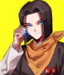  1boy android_17 black_hair black_shirt blue_eyes dragon_ball dragonball_z earrings eyebrows_visible_through_hair glowing glowing_eyes hand_in_hair jewelry kerchief long_sleeves looking_away male_focus red_ribbon_army shaded_face shirt short_hair simple_background smile upper_body yellow_background 