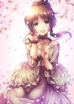  1girl :d bare_shoulders blush brown_hair cherry_blossoms collarbone cowboy_shot day dress eyebrows_visible_through_hair floral_print frilled_dress frilled_sleeves frills grey_dress hair_bun hand_in_hair idolmaster idolmaster_cinderella_girls jewelry long_hair long_sleeves looking_at_viewer ment necklace off_shoulder open_mouth outdoors pendant petals rose_print shiny shiny_hair sidelocks sleeves_past_elbows smile solo spaghetti_strap spring_(season) standing strap_slip takamori_aiko tareme thigh_gap thighs 