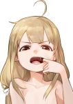  1girl ahoge blonde_hair brown_eyes commentary_request finger_in_mouth futaba_anzu hand_to_own_mouth idolmaster idolmaster_cinderella_girls long_hair looking_at_viewer mossi nude open_mouth simple_background solo spread_lips teeth tongue upper_body v-shaped_eyebrows white_background 