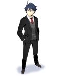  1boy black_jacket black_pants blue_hair formal from_above full_body glasses grey_footwear hair_between_eyes hands_in_pockets jacket log_horizon looking_at_viewer necktie official_art open_clothes open_jacket pants red_neckwear shiroe shirt shoes smile solo standing transparent_background white_shirt 