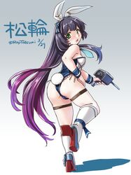  1girl animal_ears ass bare_shoulders blush breasts bunnysuit green_eyes gun kantai_collection long_hair looking_at_viewer looking_back matsuwa_(kantai_collection) purple_hair rabbit_ears small_breasts solo standing tatsumi_rei very_long_hair weapon white_legwear 