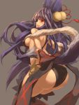  1girl animal_ears ass bare_shoulders bell black_hair blue_hair blush bow breasts eyebrows_visible_through_hair fox_ears fox_tail from_behind gloves granblue_fantasy hair_bell hair_ornament highres long_hair looking_at_viewer looking_back osabachan red_eyes red_ribbon ribbon smile solo tail thigh-highs very_long_hair yuel_(granblue_fantasy) 