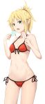  1girl absurdres bikini blonde_hair breasts cowboy_shot dual_wielding fate/apocrypha fate/grand_order fate_(series) food front-tie_top gluteal_fold green_eyes highres hosh long_hair looking_at_viewer lowleg lowleg_bikini mordred_(fate) mordred_(fate)_(all) mordred_(swimsuit_rider)_(fate) navel ponytail popsicle red_bikini side-tie_bikini simple_background small_breasts solo standing swimsuit white_background 