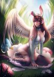  1girl alexandra_mae animal_ears arm_support artist_name bare_shoulders blue_sky breasts brown_eyes brown_hair brown_legwear cleavage clouds commentary d.va_(overwatch) day easter easter_egg egg eggshell elbow_gloves facepaint facial_mark feathered_wings feathers full_body gloves grass headphones lace lace-trimmed_thighhighs leotard light_rays light_smile lips long_hair looking_at_viewer medium_breasts outdoors overwatch pink_lips rabbit_ears signature sitting sky solo strapless strapless_leotard sunlight thigh-highs watermark web_address whisker_markings white_feathers white_gloves white_leotard white_wings wings yokozuwari 