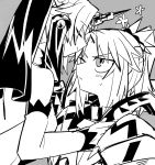  2girls absurdres bare_shoulders blush bridal_veil detached_sleeves face-to-face fate/apocrypha fate_(series) flower frankenstein&#039;s_monster_(fate) grey_background greyscale highres looking_at_another monochrome mordred_(fate) mordred_(fate)_(all) multiple_girls one_eye_closed sketch uotsu_(sabakou) upper_body veil yuri 