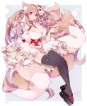  1girl :p animal_ears artist_name bandage bandaged_arm bandaid_on_breast bandaid_on_shoulder bell black_legwear breasts brown_hair choker chon_(chon33v) cleavage dated floral_print fox_ears fox_mask fox_tail frilled_sleeves frills hair_between_eyes highres jingle_bell kiseru kitsune large_breasts looking_at_viewer mask mask_on_head obi original pipe red_eyes red_ribbon ribbon ribbon_choker sash sidelocks solo tail thigh-highs tongue tongue_out twintails zouri 