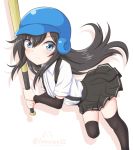  1girl arm_warmers asashio_(kantai_collection) baseball baseball_bat baseball_helmet black_hair black_legwear blue_eyes helmet highres kantai_collection long_hair pleated_skirt school_uniform shirt short_sleeves skirt smile solo tamayan thigh-highs twitter_username white_shirt 