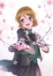  1girl :d black_skirt bow bowtie brown_hair center_frills cherry_blossoms commentary_request emia_wang formal gloves hair_ornament hairpin hat highres index_finger_raised koizumi_hanayo looking_at_viewer love_live! love_live!_school_idol_project magician open_mouth pleated_skirt short_hair skirt smile smoke solo sparkle suit top_hat violet_eyes wand white_gloves white_neckwear 