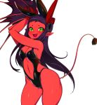  1girl :d absurdres armpits breasts cleavage demon_girl fang green_eyes highres horns long_hair looking_at_viewer medium_breasts navel open_mouth original pointy_ears purple_hair red_skin simple_background slugbox smile solo standing sweat tail white_background 