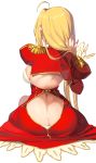  1girl ahoge ass back back_cutout blonde_hair braid breasts butt_crack dress epaulettes fate/extra fate_(series) hands_in_hair highres juliet_sleeves kei_(soundcross) large_breasts long_hair long_sleeves nero_claudius_(fate) nero_claudius_(fate)_(all) puffy_sleeves red_dress simple_background sitting solo waist white_background 