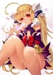  1girl ahoge azur_lane bangs bare_shoulders blonde_hair blush closed_mouth commentary_request detached_sleeves dress eldridge_(azur_lane) facial_mark fur-trimmed_sleeves fur_trim hair_ornament hand_up head_tilt heart holding karinto_yamada long_hair long_sleeves looking_at_viewer magical_girl purple_dress red_eyes sitting sleeveless sleeveless_dress solo thighs twintails very_long_hair 
