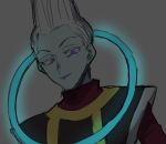  1boy dragon_ball dragon_ball_super glowing grey_background looking_away male_focus simple_background smile upper_body violet_eyes whis white_hair 