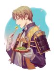  1boy armor bangs brown_hair commentary_request eating food food_request fork from_side glint gloves holding holding_food japanese_armor kusazuri long_sleeves looking_at_viewer open_mouth original parted_bangs petals pink_eyes plate profile signature solo upper_body white_gloves yamakawa 