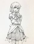  1girl absurdres bangs blush detached_sleeves eyebrows_visible_through_hair highres long_sleeves looking_at_viewer mashimashi mizuhashi_parsee monochrome open_mouth pleated_skirt pointy_ears short_hair short_sleeves skirt solo standing touhou traditional_media 