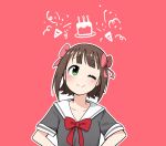  ;) amami_haruka bangs blunt_bangs blush bow bowtie brown_hair cake candle closed_mouth eyebrows_visible_through_hair food grey_shirt hair_bow head_tilt highres idolmaster idolmaster_(classic) looking_at_viewer one_eye_closed outline party_popper pink_background pink_bow red_bow red_neckwear sailor_collar school_uniform serafuku shirt short_hair simple_background smile tareme upper_body white_outline white_sailor_collar 