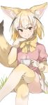  1girl animal_ears artist_name blonde_hair blush bow bowtie brown_eyes closed_mouth commentary cup elbow_gloves eyebrows_visible_through_hair feet_out_of_frame fennec_(kemono_friends) fox_ears fox_tail fur_trim gloves hand_up highres holding kemono_friends looking_at_viewer mochii multicolored_hair pink_shirt puffy_short_sleeves puffy_sleeves shirt short_sleeves signature simple_background sitting smile solo tail teacup thigh-highs white_background yellow_legwear yellow_neckwear 