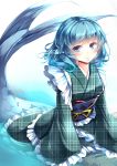  1girl absurdres blue_eyes blue_hair blush eyebrows_visible_through_hair frilled_kimono frilled_sleeves frills green_kimono highres japanese_clothes kanzakietc kimono light_smile looking_at_viewer mermaid monster_girl obi plaid_kimono sash short_hair solo touhou unmoving_pattern wakasagihime wavy_hair wide_sleeves 