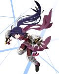  1girl akatsuki_(log_horizon) belt black_footwear black_shorts elbow_gloves fingerless_gloves fishnet_gloves fishnets floating_hair full_body gloves holding holding_sword holding_weapon katana log_horizon long_hair looking_at_viewer official_art outstretched_arm ponytail purple_hair purple_scarf scarf shorts solo sword transparent_background very_long_hair violet_eyes weapon 