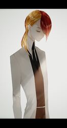  androgynous blonde_hair eyes_visible_through_hair gem_uniform_(houseki_no_kuni) highres houseki_no_kuni labcoat letterboxed light_smile looking_at_viewer multicolored_hair necktie redhead rutile_(houseki_no_kuni) short_hair solo sparkle yellow_eyes 