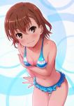  1girl bikini bikini_skirt blue_bikini breasts brown_eyes brown_hair looking_at_viewer misaka_mikoto puma_(hyuma1219) short_hair small_breasts solo star star_print striped striped_bikini swimsuit to_aru_kagaku_no_railgun to_aru_majutsu_no_index twitter_username 