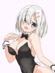  1girl :d alternate_costume blue_eyes blush bow bowtie bunnysuit commentary_request detached_collar hair_ornament hair_over_one_eye hairclip hamakaze_(kantai_collection) hand_on_own_chest harukawa_(hal501) highres kantai_collection open_mouth short_hair silver_hair simple_background smile solo upper_body white_background wrist_cuffs 