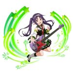  1girl :d alternate_hairstyle boots detached_sleeves frilled_skirt frills full_body guitar hairband high_heel_boots high_heels instrument long_hair miniskirt open_mouth pleated_skirt pointy_ears purple_hair red_eyes skirt smile solo star sword_art_online twintails very_long_hair white_background white_hairband yuuki_(sao) 