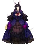  1girl animal_ears black_hair box collarbone dress eyebrows_visible_through_hair flower fox_ears fox_tail full_body gift gift_box hair_between_eyes heart-shaped_box holding holding_box jewelry layered_dress log_horizon long_dress long_hair looking_at_viewer necklace nureha official_art purple_flower smile solo standing starry_sky_print tail transparent_background very_long_hair violet_eyes 