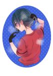  1girl ancolatte_(onikuanco) black_gloves black_hair blush closed_mouth commentary eyebrows_visible_through_hair from_behind gloves highres hot kaban_(kemono_friends) kemono_friends no_hat no_headwear red_shirt shirt short_hair short_sleeves solo sweat sweating 