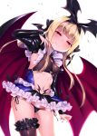  1girl arm_up bangs bat_wings between_breasts black_bow black_hairband black_panties black_skirt black_wings blonde_hair blood blood_on_face bloody_hands blue_ribbon blue_skirt blunt_bangs blush bow breasts bridal_gauntlets brown_legwear closed_mouth collar commentary_request corruption demon_girl erect_nipples eyebrows_visible_through_hair fingernails frilled_skirt frills from_below garters glint hair_bow hairband half-closed_eyes head_tilt highres juliet_sleeves latex long_fingernails long_hair long_sleeves looking_at_viewer microskirt mononobe_alice nail_polish navel nijisanji o-ring_top panties puffy_sleeves purple_nails raised_eyebrows red_eyes red_wings ribbon ribbon_panties satou_kuuki seductive_smile shiny shiny_clothes shiny_hair shiny_skin side-tie_panties sidelocks simple_background single_thighhigh skirt slit_pupils small_breasts smile solo standing stomach straight_hair succubus thigh-highs underwear virtual_youtuber white_background wing_collar wings 