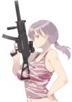  1girl :o bangs bare_arms bare_shoulders between_breasts bra_strap breasts camouflage gun h&amp;k_ump hair_tie heckler_&amp;_koch holding holding_gun holding_weapon long_hair looking_at_viewer medium_breasts nakadori_(movgnsk) navel open_mouth playerunknown&#039;s_battlegrounds ponytail profile shiny shiny_hair silver_hair simple_background solo submachine_gun tank_top trigger_discipline upper_body violet_eyes weapon white_background 
