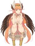 1girl :o armlet artist_name ass band-width bangs breasts chin_rest circe_(fate/grand_order) fate/grand_order fate_(series) feathered_wings full_body green_eyes head_wings highres jewelry large_breasts long_hair looking_at_viewer nail_polish necklace orange_hair panties pantyshot pantyshot_(squatting) pink_nails platform_footwear pointy_ears sandals skirt solo squatting toenail_polish underwear very_long_hair vest white_background white_panties white_skirt white_vest wings 