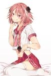  1boy :q astolfo_(fate) bed_sheet black_bow blush bow braid commentary_request eyebrows_visible_through_hair fate/apocrypha fate_(series) from_side hair_bow hand_up highres isabelle_bosworth long_hair male_focus midriff multicolored_hair navel necktie no_panties pink_hair pink_neckwear pleated_skirt red_sailor_collar red_skirt sailor_collar shirt short_sleeves single_braid skirt skirt_lift smile solo streaked_hair thigh-highs tongue tongue_out violet_eyes white_legwear white_shirt 