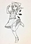  1girl arms_up bangs bare_legs blush bow cirno full_body hair_bow highres ice ice_wings knees_together_feet_apart looking_at_viewer mashimashi monochrome shoes short_hair short_sleeves skirt smile solo touhou traditional_media wings 