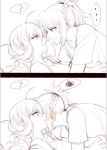  ... 2girls ? artoria_pendragon_(all) blush comic face-to-face fate/grand_order fate_(series) from_side greyscale monochrome mordred_(fate) mordred_(fate)_(all) mother_and_daughter multiple_girls open_mouth saber short_sleeves silent_comic smile spoken_ellipsis spoken_question_mark spoken_squiggle spot_color squiggle yorukun yuri 