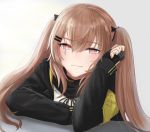  1girl armband bangs black_ribbon black_scarf blush brown_eyes brown_hair elbow_rest eyebrows_visible_through_hair fingerless_gloves girls_frontline gloves hair_between_eyes hair_ornament head_on_hand jacket long_hair looking_at_viewer neck_ribbon p981877 ribbon scar scar_across_eye scarf shirt sidelocks simple_background smile solo twintails ump9_(girls_frontline) white_shirt 