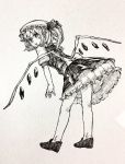 1girl blush bow flandre_scarlet from_behind full_body hat highres layered_skirt leaning_forward loafers looking_at_viewer looking_back mashimashi mob_cap monochrome open_mouth pointy_ears shoes short_sleeves side_ponytail solo standing touhou 