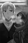  1boy 1girl ayakura_juu beard cape closed_eyes couple craft_lawrence eyebrows_visible_through_hair facial_hair greyscale holo hood hooded indoors monochrome novel_illustration official_art parted_lips spice_and_wolf upper_body waiting_for_kiss 