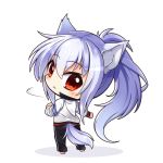  1girl animal_ears bangs barefoot black_pants blush chibi closed_mouth commentary_request eyebrows_visible_through_hair hair_between_eyes jacket long_hair looking_at_viewer looking_back original pants ponytail red_eyes shachoo. silver_hair solo standing tail track_jacket track_pants track_suit very_long_hair white_background white_jacket wolf_ears wolf_girl wolf_tail 