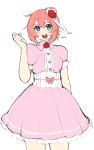  1girl :d blue_eyes blush cowboy_shot doki_doki_literature_club dress eyebrows_visible_through_hair flower hair_flower hair_ornament hand_up highres looking_at_viewer open_mouth orange_hair otxoa60 pink_dress puffy_short_sleeves puffy_sleeves red_flower red_rose rose sayori_(doki_doki_literature_club) short_hair short_sleeves simple_background smile solo standing white_background 