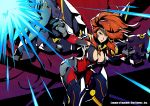  1girl alternate_costume aqua_eyes bodysuit breasts cleavage cleavage_cutout commentary_request dual_wielding firing forehead_protector gun_goddess_miss_fortune highres kotatsu_(g-rough) large_breasts league_of_legends lips long_hair mecha_musume muzzle_flash official_art redhead shoulder_cannon solo 