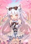  1girl :d animal_ears azur_lane bangs bare_shoulders black_bow blush bow brown_eyes cat_ears cherry_blossoms day detached_sleeves dress eyebrows_visible_through_hair fang hair_bow highres leaning_forward lips long_hair looking_at_viewer open_mouth outdoors petals shirako_sei silver_hair sleeveless smile solo tree white_dress yukikaze_(azur_lane) 