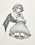  1girl bangs blush bow bowtie cowboy_shot cropped_legs hat hat_bow highres looking_at_viewer mashimashi mob_cap monochrome open_mouth remilia_scarlet short_hair short_sleeves single_wing skirt skirt_set solo sweat touhou traditional_media wings 