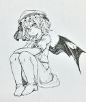  1girl absurdres bangs bat_wings blush bow closed_mouth full_body hair_between_eyes hat hat_bow highres looking_at_viewer mashimashi mob_cap monochrome pointy_ears remilia_scarlet short_hair short_sleeves sitting solo touhou traditional_media wings 