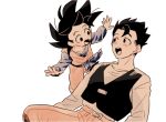  2boys :d belt black_hair brothers dougi dragon_ball dragonball_z happy long_sleeves looking_at_another male_focus multiple_boys open_mouth outstretched_arms pants shirt short_hair siblings simple_background smile son_gohan son_goten spiky_hair waiscoat white_background white_shirt 