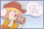  1girl animal_ears blonde_hair blush_stickers box_of_chocolates brown_hat closed_eyes commentary dosh english floppy_ears hat heart holding open_mouth peaked_cap rabbit_ears ringo_(touhou) seiran_(touhou) short_hair short_sleeves smile stick_figure touhou |_| 