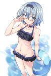  1girl bikini blue_eyes blush breasts frilled_bikini frills glasses hair_ornament hairband holding_innertube innertube looking_at_viewer merufena navel ryuuou_no_oshigoto! short_hair silver_hair small_breasts solo sora_ginko standing swimsuit 