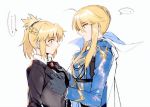  2girls ahoge artoria_pendragon_(all) black_neckwear blonde_hair blush fate/grand_order fate_(series) from_side gloves green_eyes holding_tie long_sleeves looking_at_another mordred_(fate) mordred_(fate)_(all) mother_and_daughter multiple_girls necktie ponytail saber sidelocks upper_body white_background yorukun 